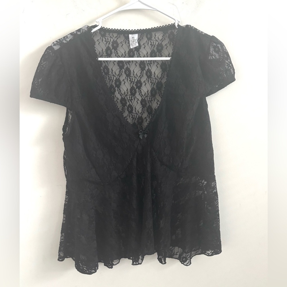Women Black Babydoll Sheer Blouse Short Sleeve Whimsigoth fairy Dark Romantic XL